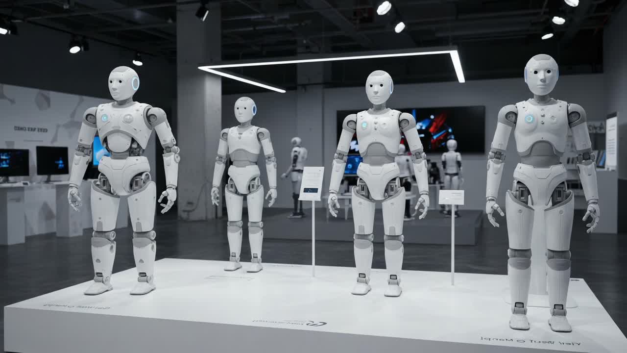Showcasing Advanced Robotics: A Display of Four Sophisticated Humanoid Robots in a Modern Exhibition Space, Focusing on Innovation and Technology