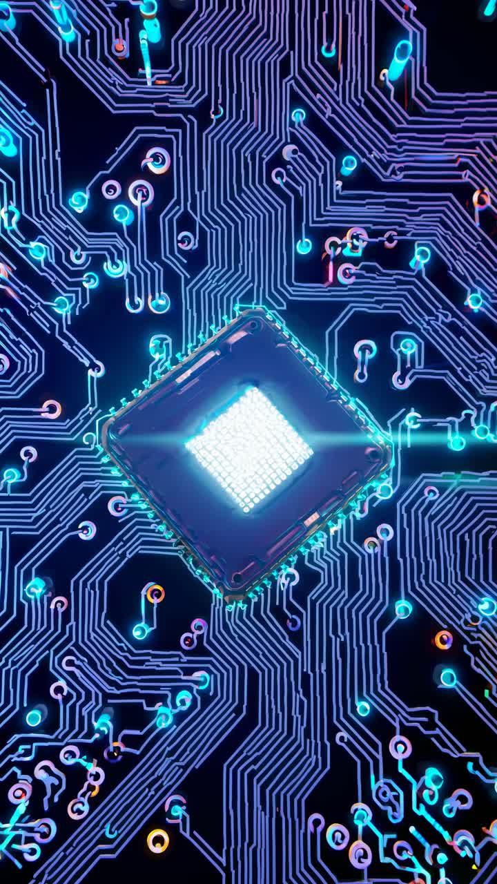 Top-down view of a glowing microchip on a circuit board, showcasing futuristic technology