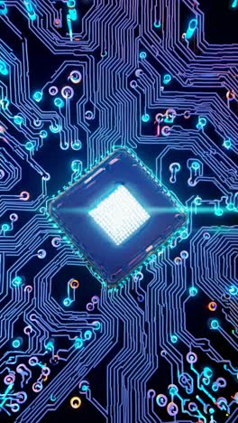 top-down view of a glowing microchip on a circuit board, showcasing futuristic technology