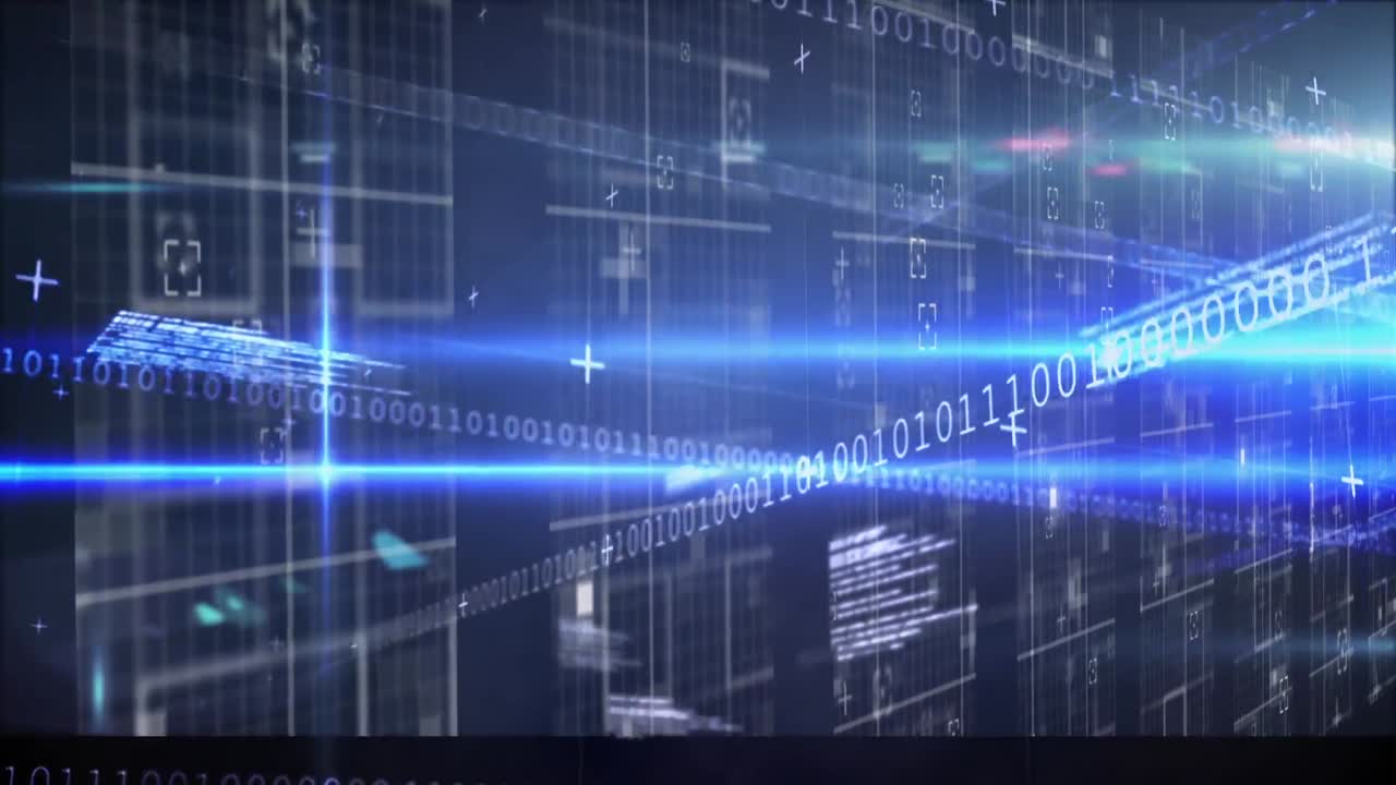 Animation of data processing and light trails over moving columns on black background