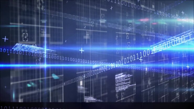 Animation of data processing and light trails over moving columns on black background