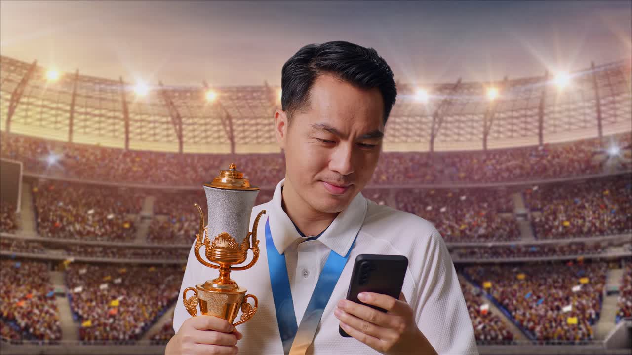 경기장에서 승리를 축하하는 행복한 남자