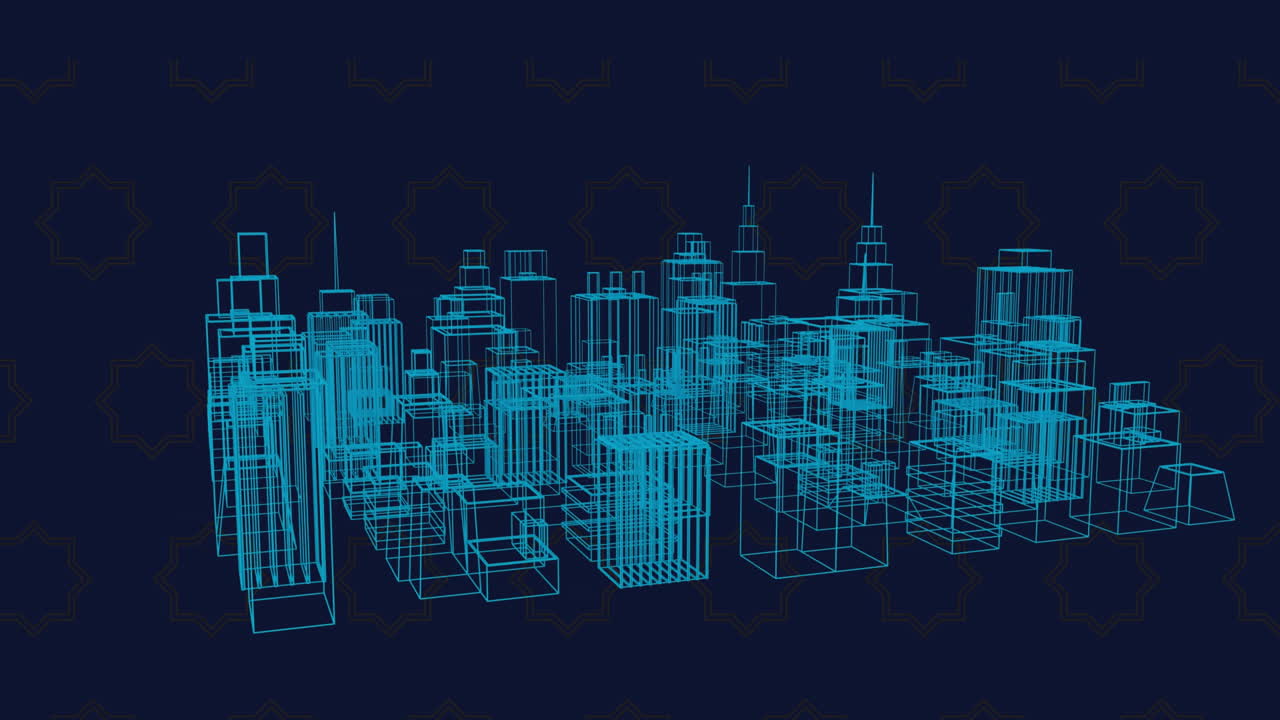 Wireframe cityscape animation over dark background with geometric patterns