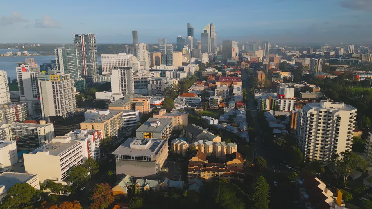 Aerial view of Perth's CBD in the far horizon from East Perth