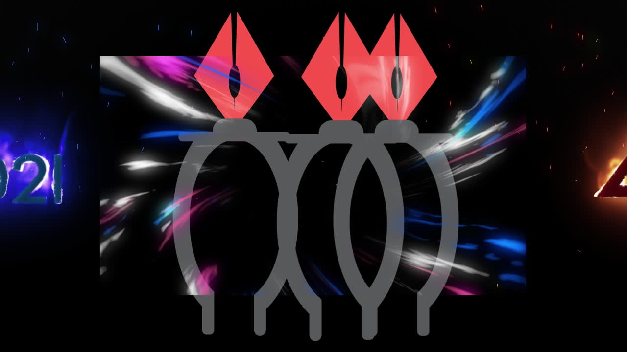 animación de líneas coloridas sobre tres lápices y números en llamas sobre fondo negro