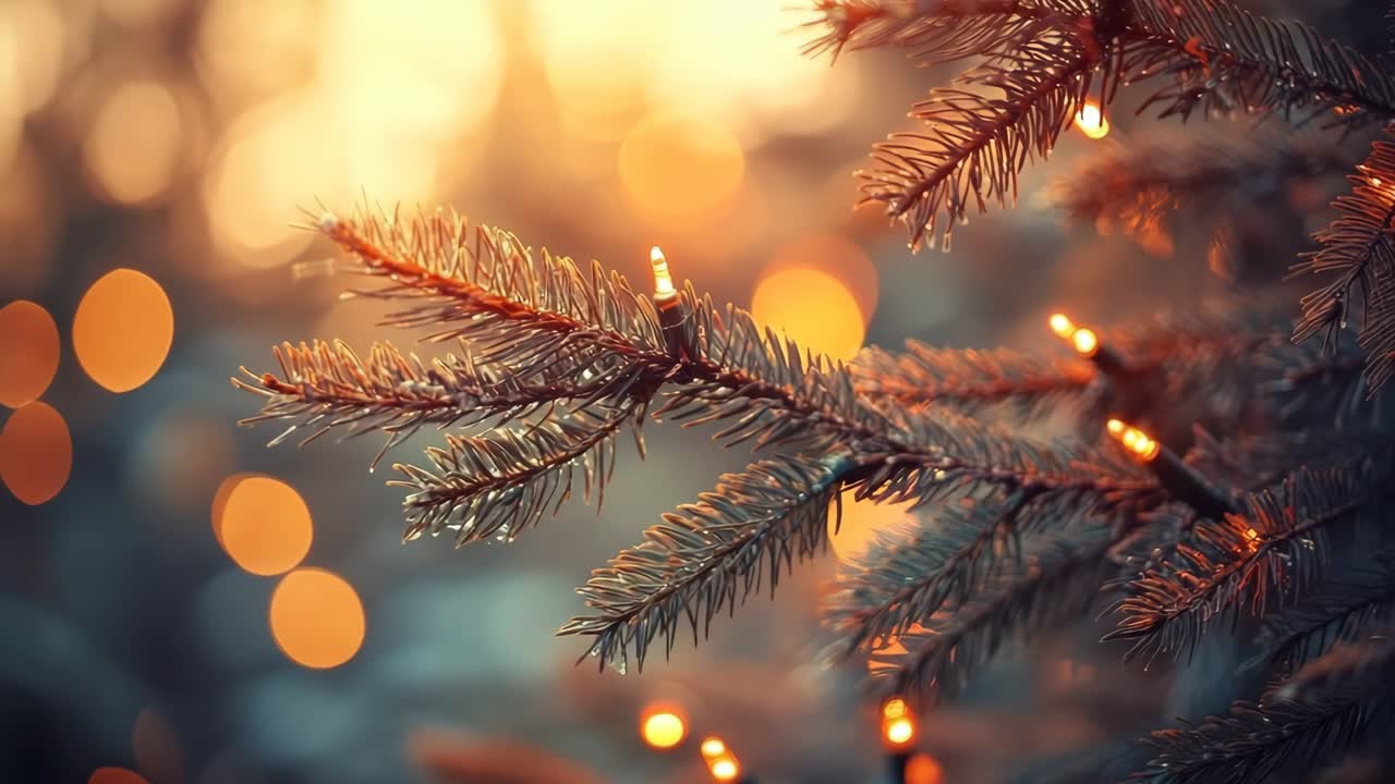 Close-up of a pine branch with warm lights, captured at a low angle. The bokeh effect adds a dreamy