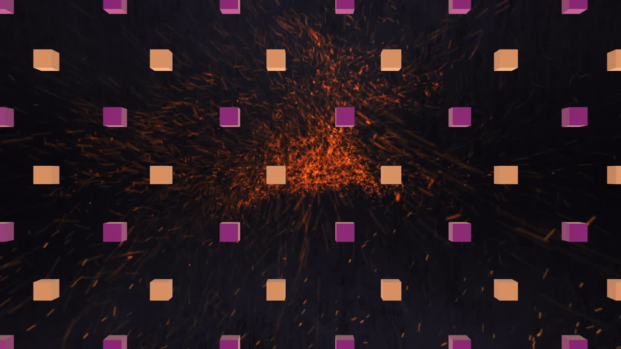 animación de cubos sobre chispas en fondo negro