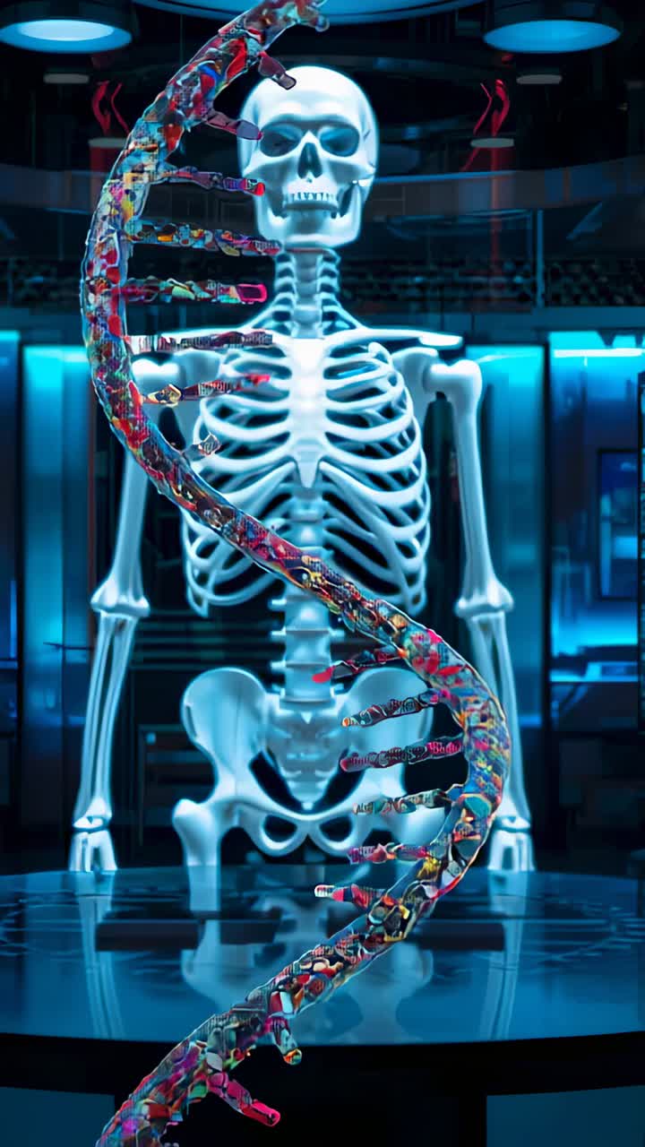Vertical video: Materializing colorful DNA helix rising, rotating before skeleton in lab, for study