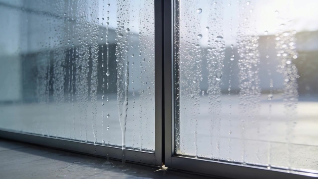 Capturing condensation forming on metal mullion glass, collecting into streaks at lobby floor