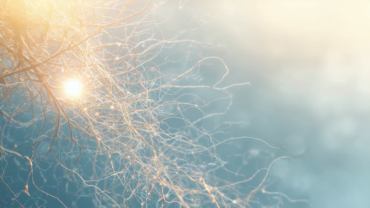 Two glowing orbs materializing amid golden threads causing gleam, backdrop glow at left, copy space