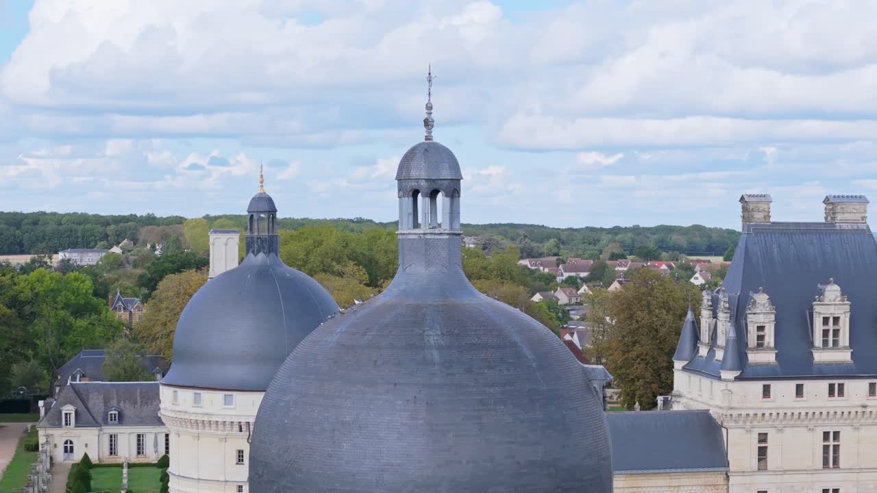 Aerial close up view of Valen&ccedil;ay Castle roof, France