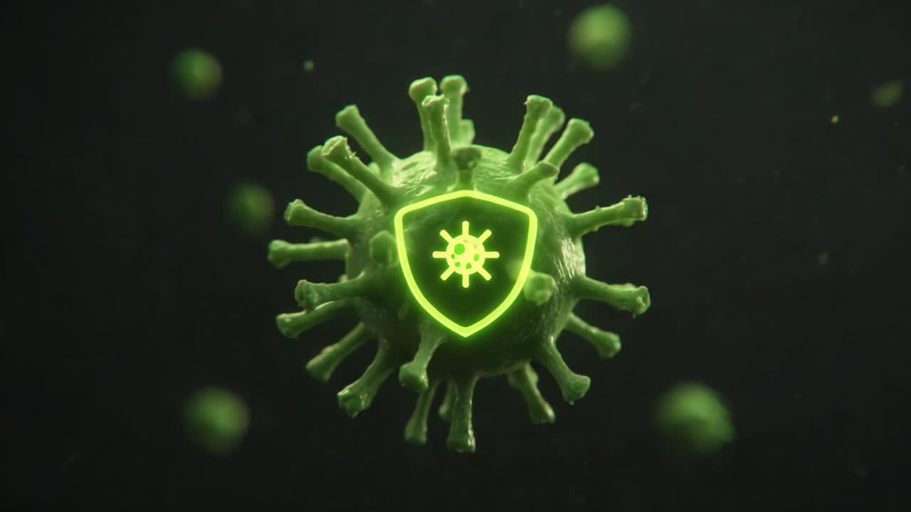 An Artistic Representation of a Virus Cell with a Protective Shield Icon Symbolizing Defense Against Pathogens in a Digital Environment
