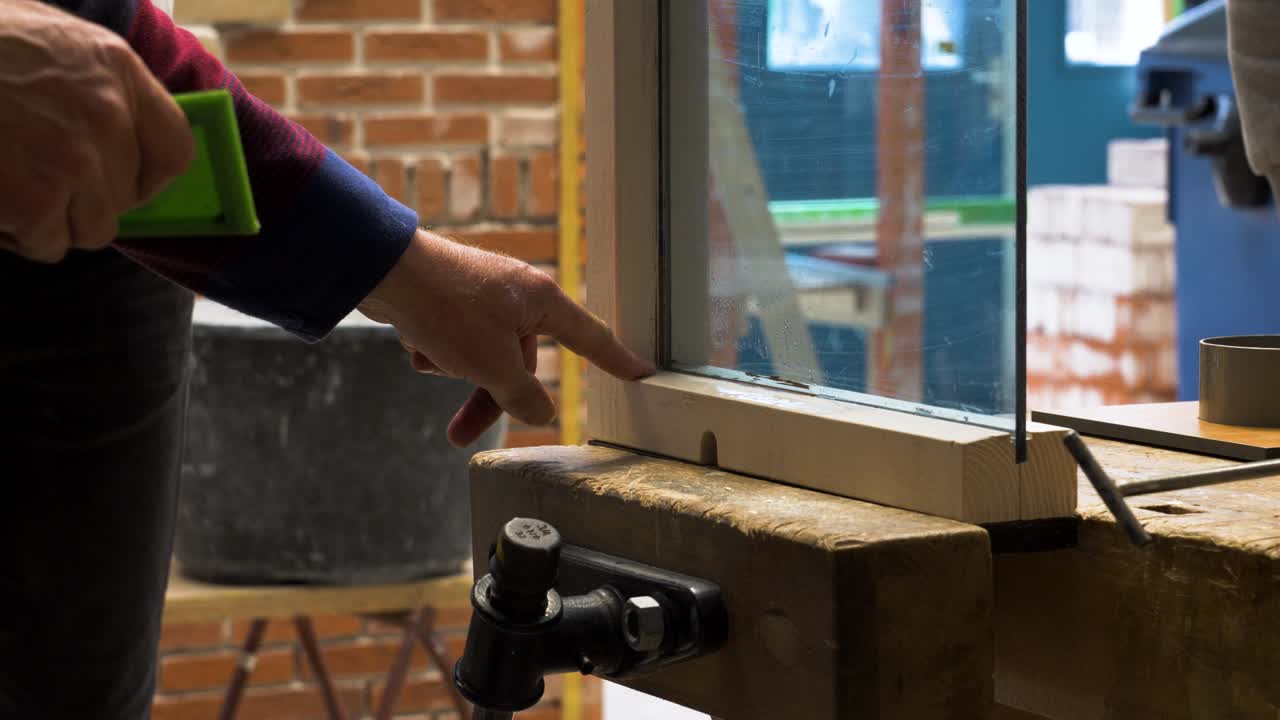 Man building and cleaning a window