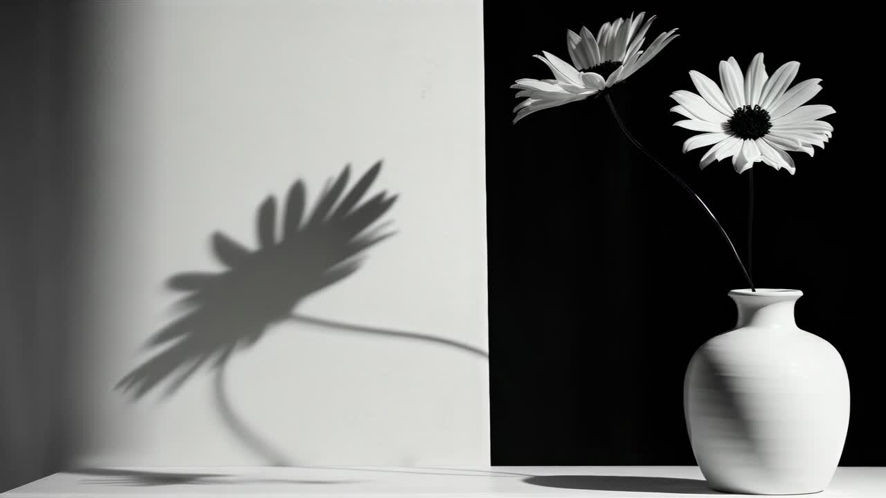 Black and white video still of daisies in a vase on a table