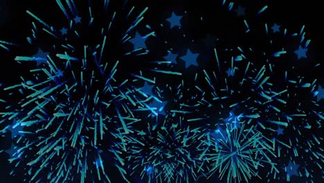 Digitally generated video of fireworks exploding and stars moving against black background