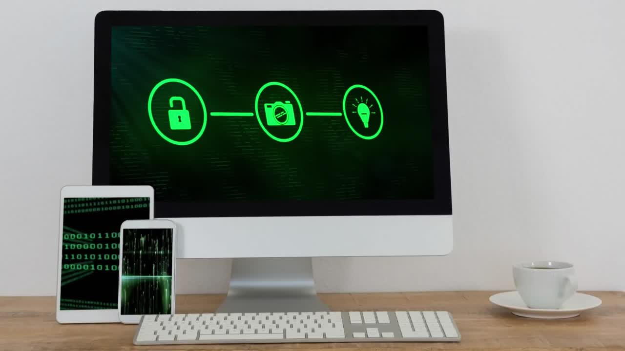 전자 장치의 화면에 연결 아이콘과 바이너리 코딩의 네트워크