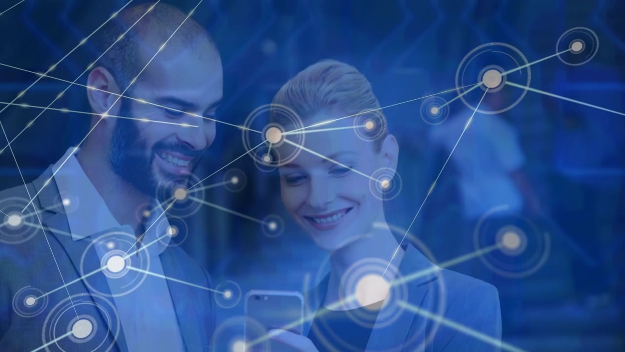 Business Professionals Using Smartphone with Digital Network Overlay