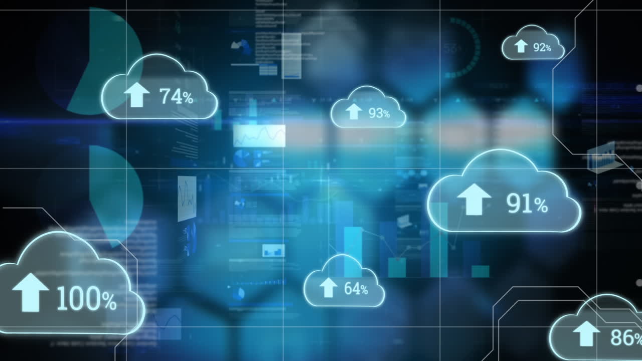 Cloud icons and financial data animation depict cloud storage in business tech.