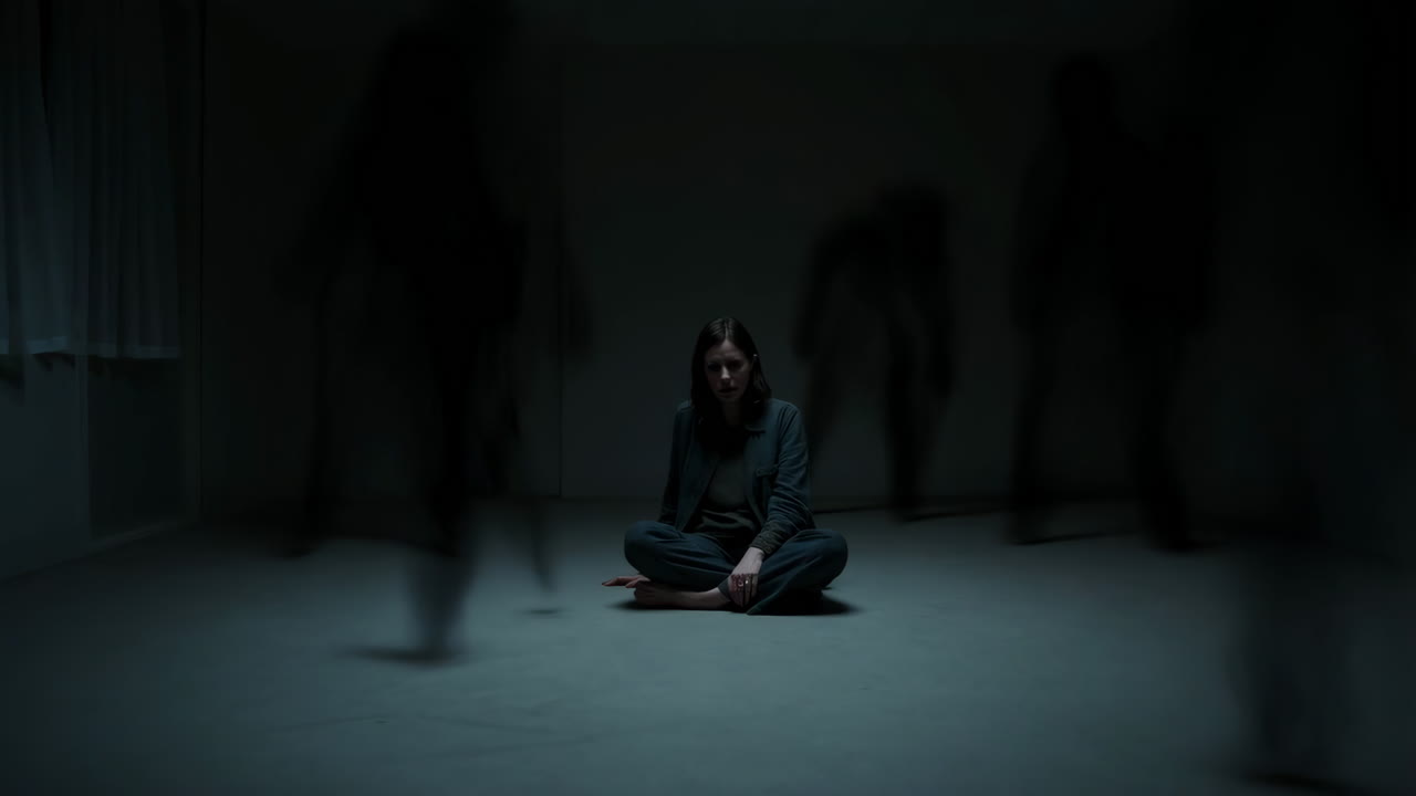Woman tormented by shadow figures in a dark, isolated room