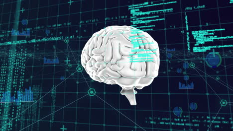 Digital animation of human brain spinning against data processing on black background