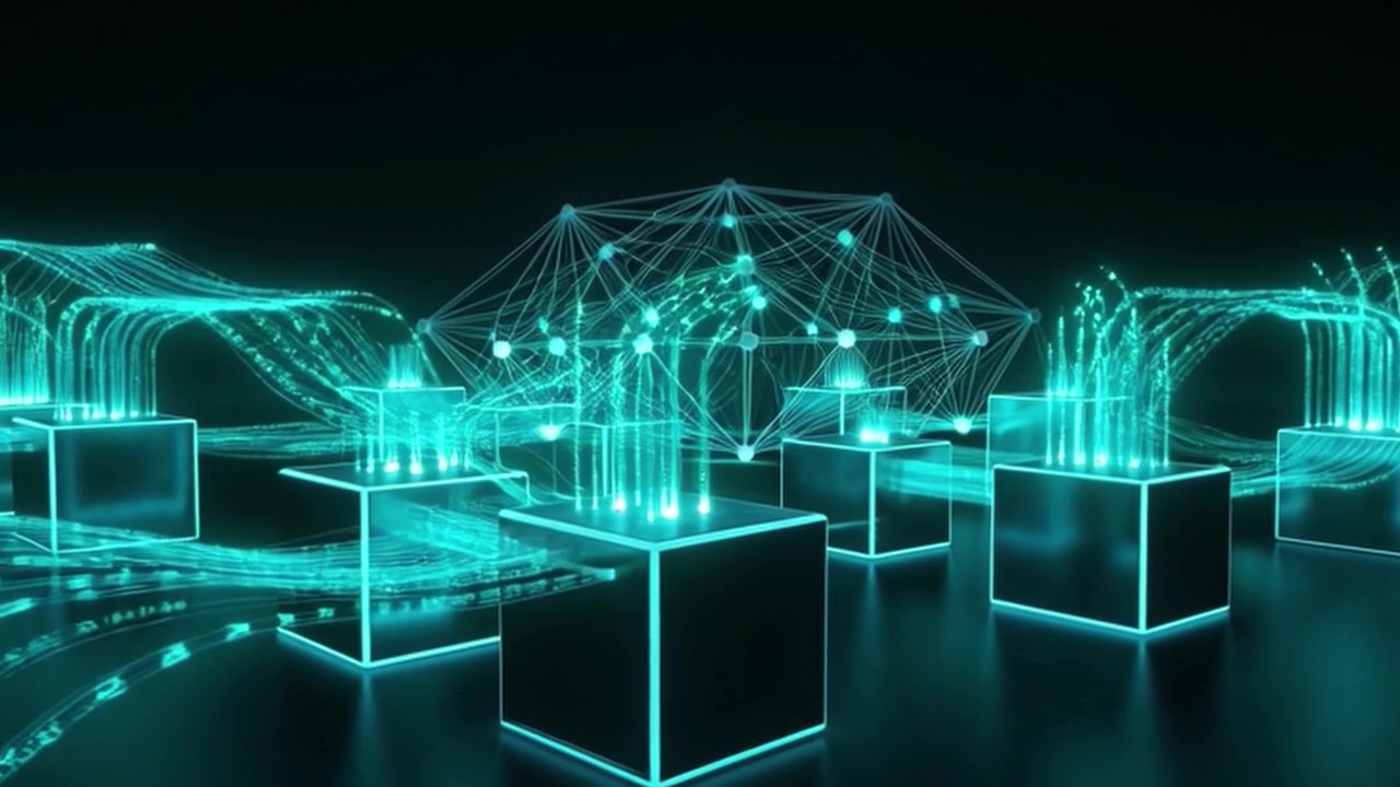 Digital Data Flow Connecting Glowing Cubes in Abstract Network