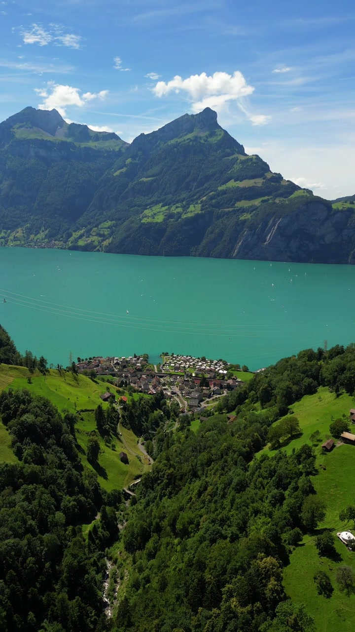 Lake Lucerne Urnersee southeastern part, in Switzerland aerial drone vertical video