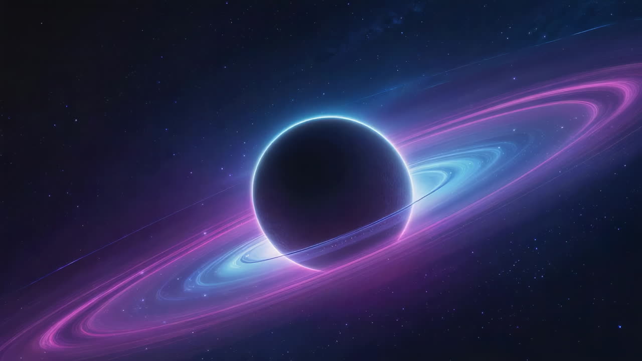 A planet with glowing rings in deep space