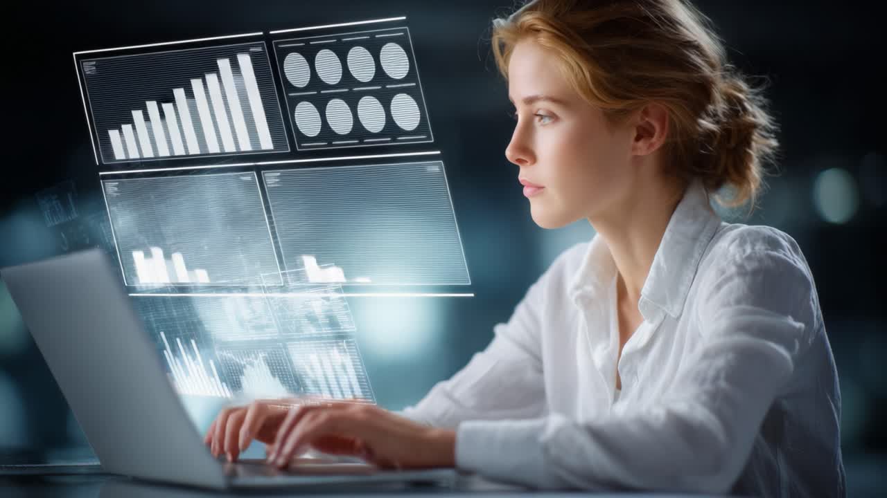 Focused Professional Analyzing Data on a Laptop with Digital Graphs Displaying Insights, Captured in a Dimly Lit Environment