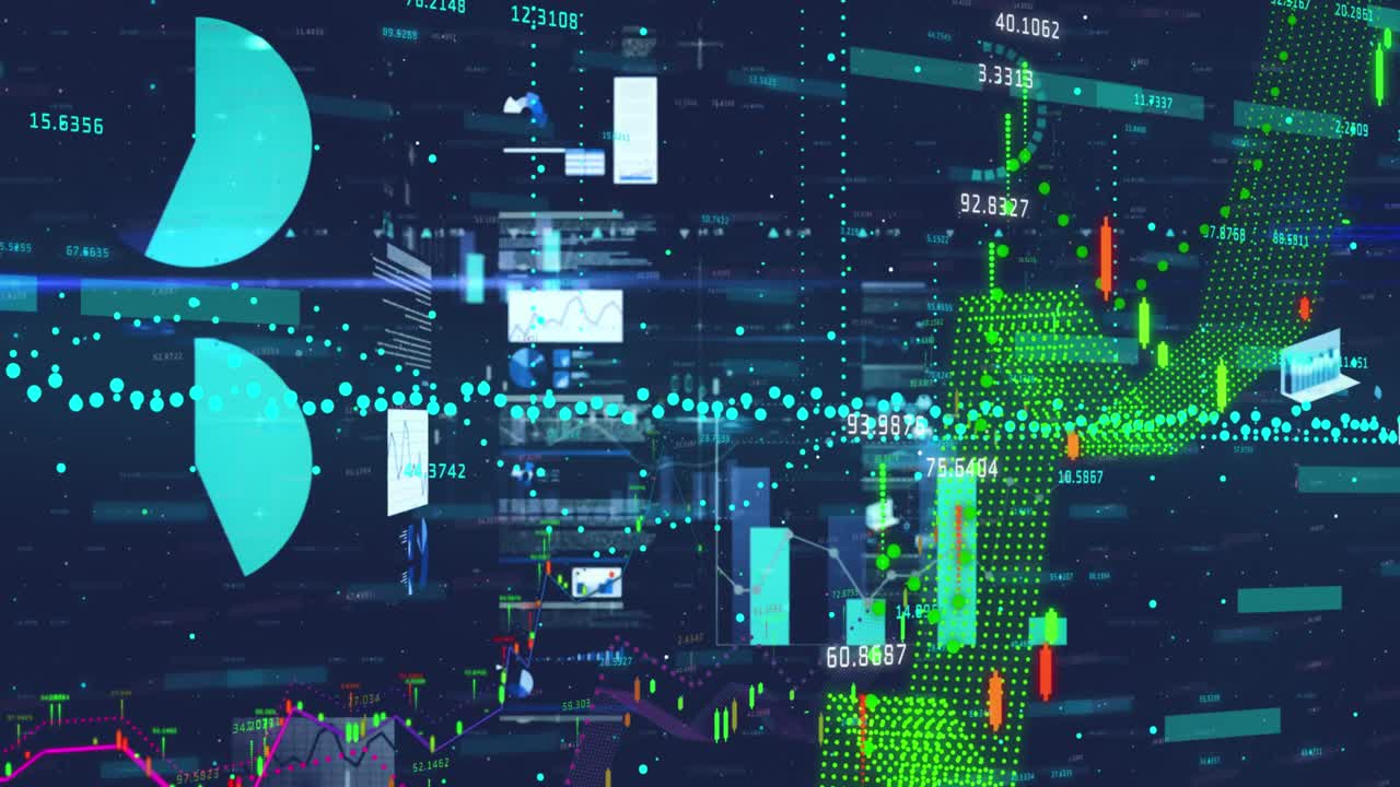 Animation of financial and statistical data processing against blue background