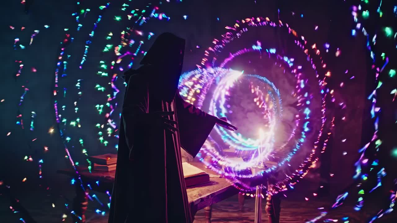A mystical video scene with a hooded figure, surrounded by swirling neon lights
