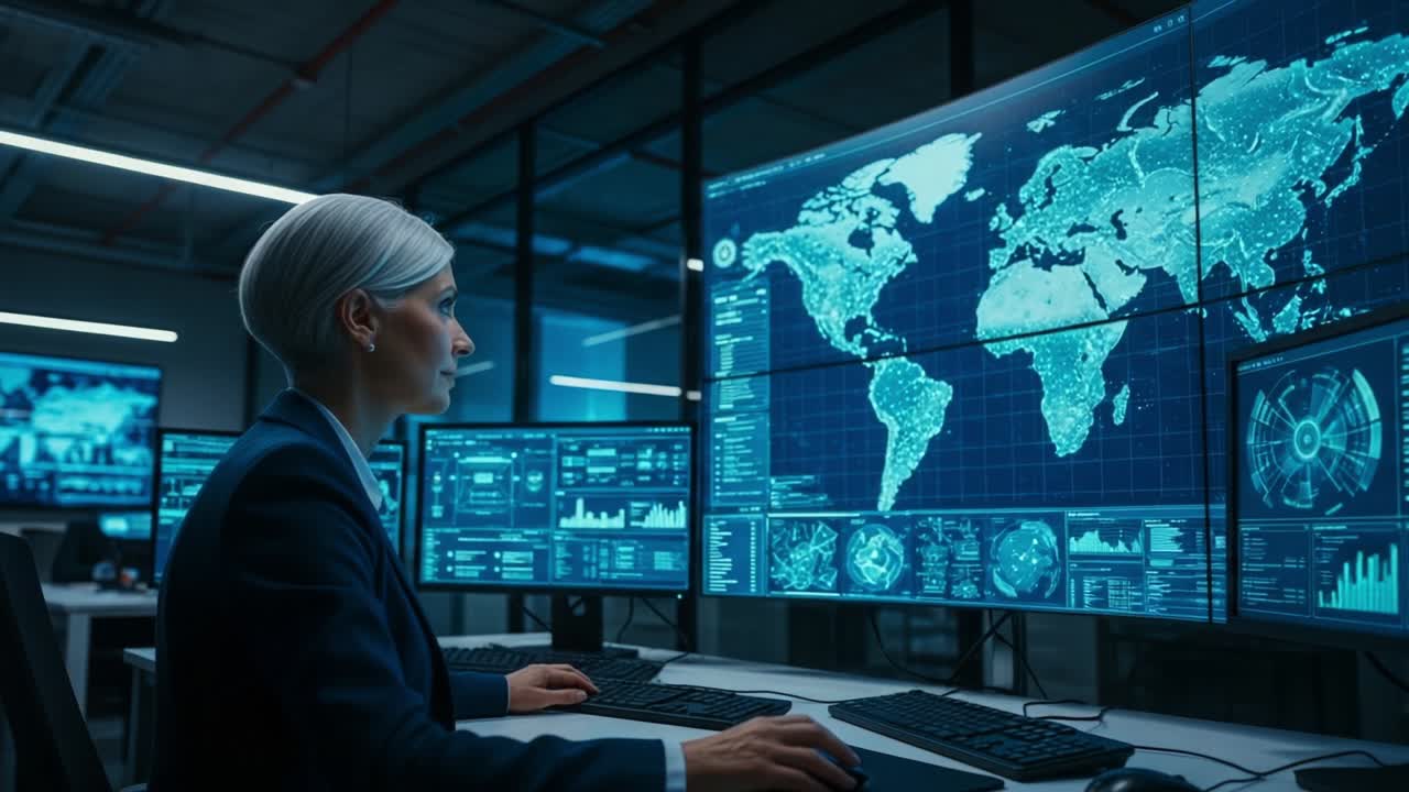In a state-of-the-art control room, a focused professional analyzes complex data visualizations on multiple screens, showcasing geographic information, statistics, and insightful graphics for strategic decision-making