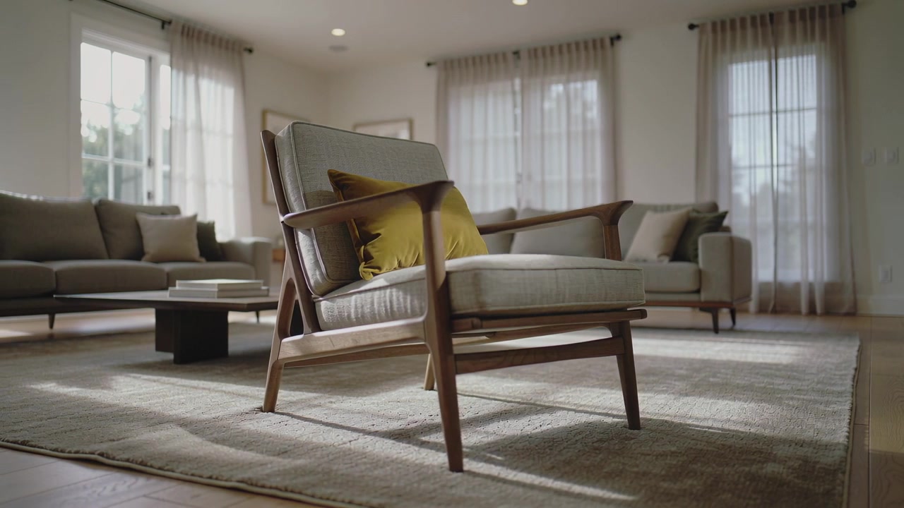 Skiftende kamera, viser midcentury lænestol i stuen, gul pude lægges til rette for styling