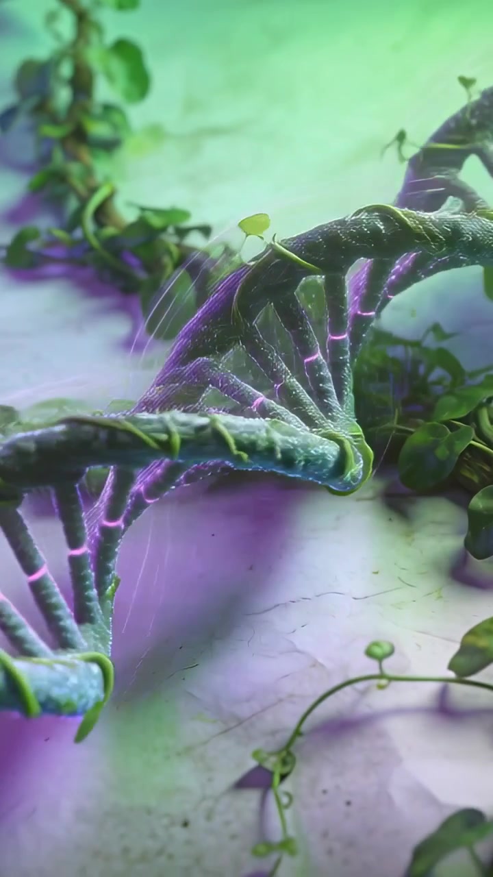 Vertical video: Camera shifting, double helix rotating revealing moss and purple mist on pale floor