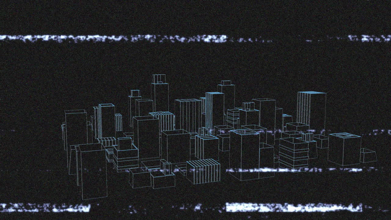 Futuristic wireframe skyline floating in dark void, glitch bars streaming across city grid