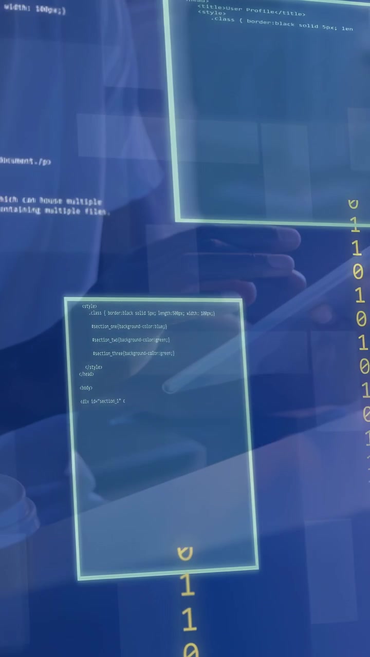 Vertical video: Male dev tapping tablet, causing code windows and binary streams while testing UI