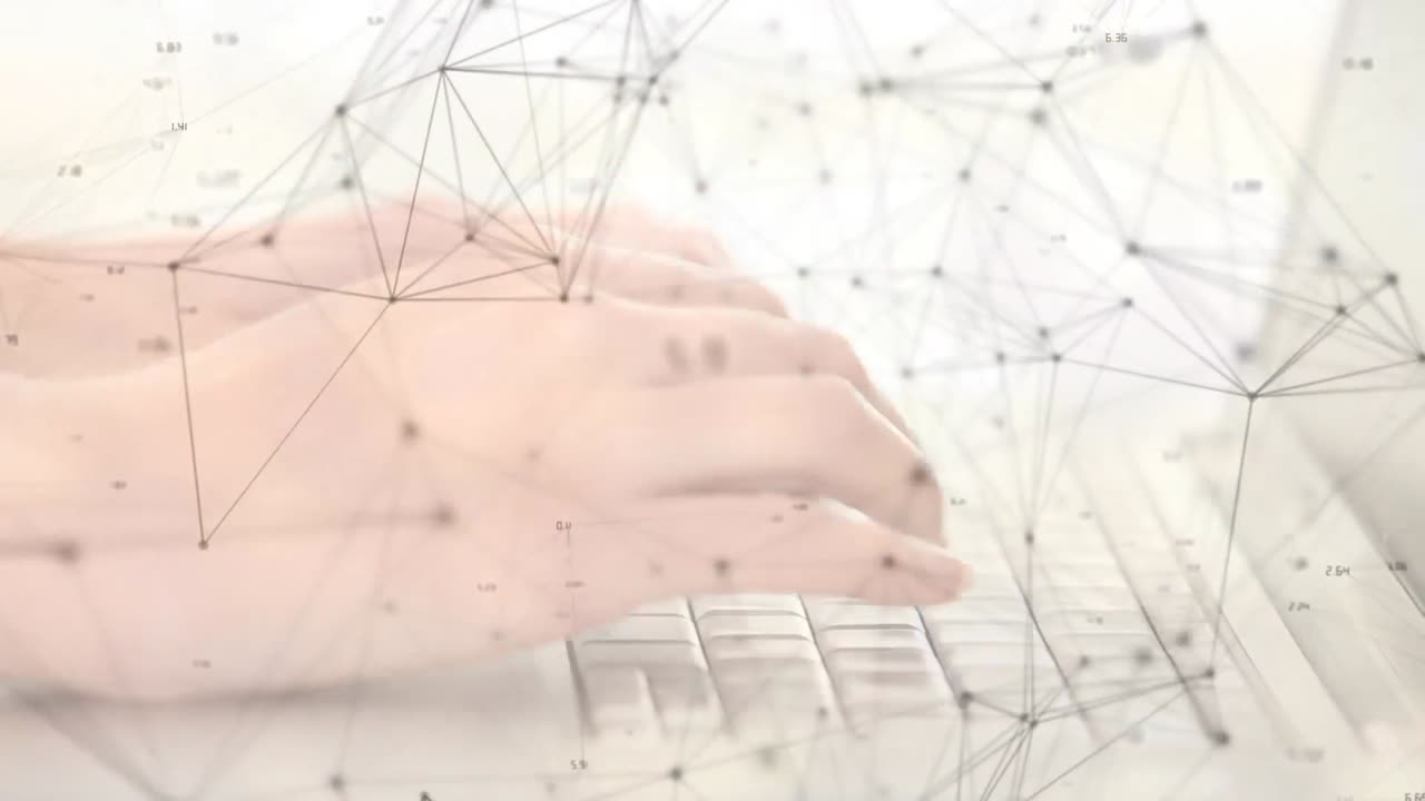 animación de la red de conexiones sobre la persona que escribe en el teclado de la computadora portátil en segundo plano