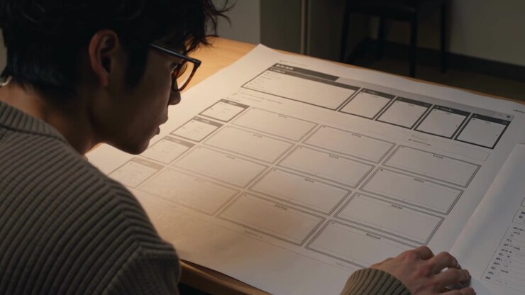 Leaning man with glasses, knit sweater steadying storyboard for review at home studio, copy space