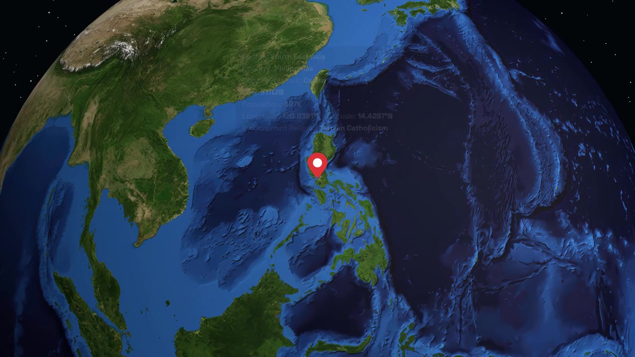 3D glóbus rotuje a přibližuje se k Cavite na Filipínách, zobrazující místní demografická data.