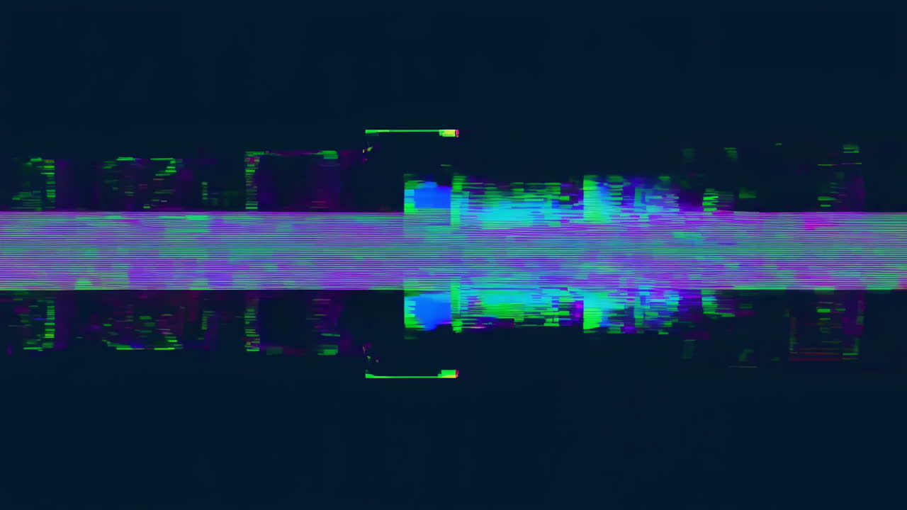 Strisce di forma d'onda glitch sullo schermo con rumore neon, artefatti di scanline orizzontale, pixel ciano e magenta.