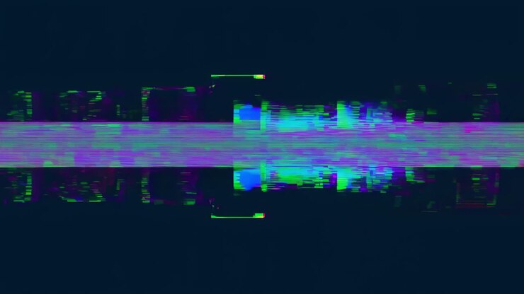 Glitch-Wellenform-Streifen ziehen sich über den Bildschirm mit Neonrauschen, horizontalen Scanlinien-Artefakten, Cyan- und Magenta-Pixeln