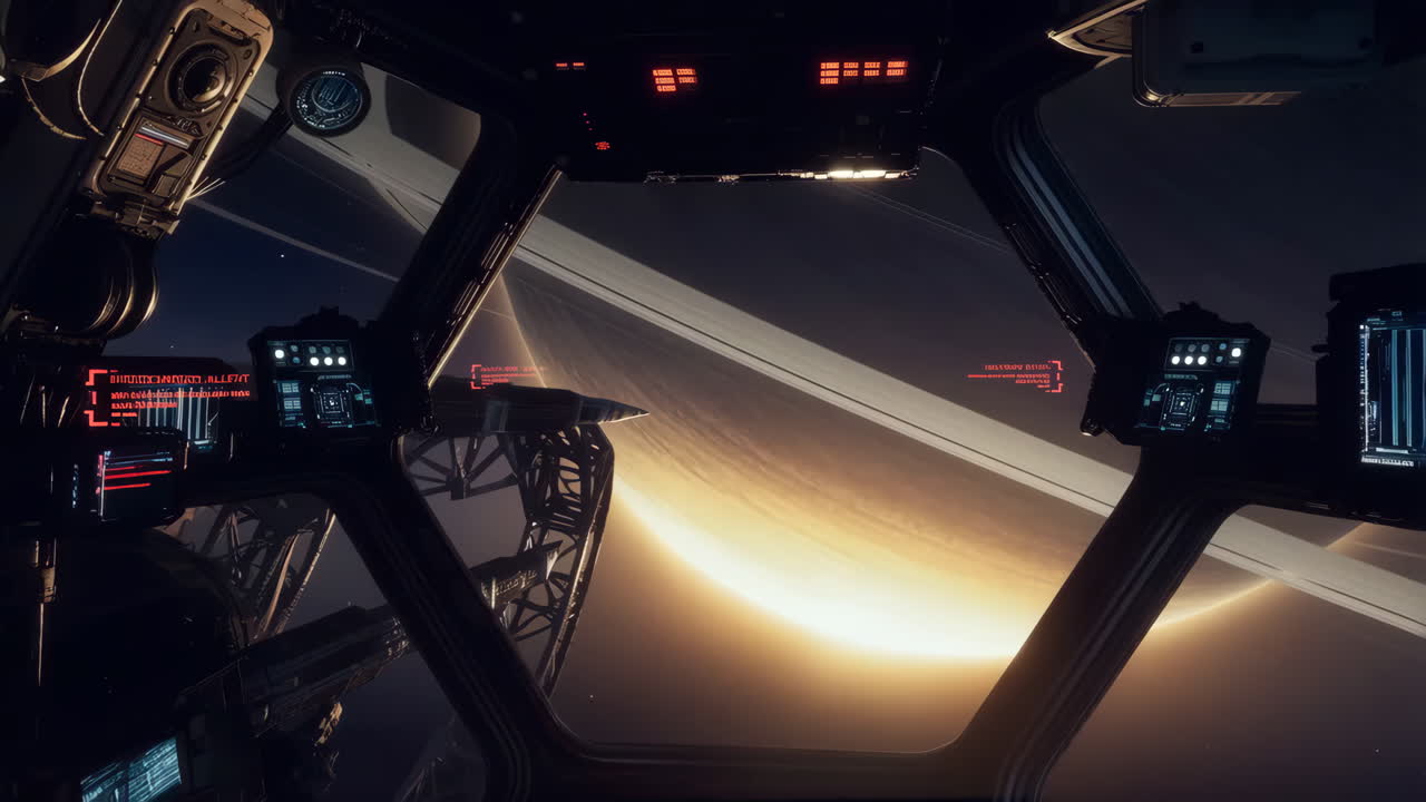 View from a Spaceship Cockpit of a Ringed Gas Giant Planet