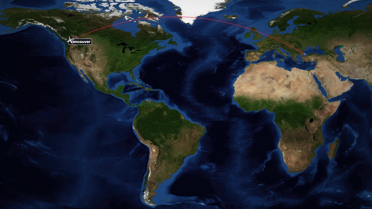 Una linea rossa traccia un aereo che vola da Istanbul a Vancouver su una mappa del mondo