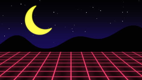Motion-retro-red-grid-and-big-moon-and-mountains