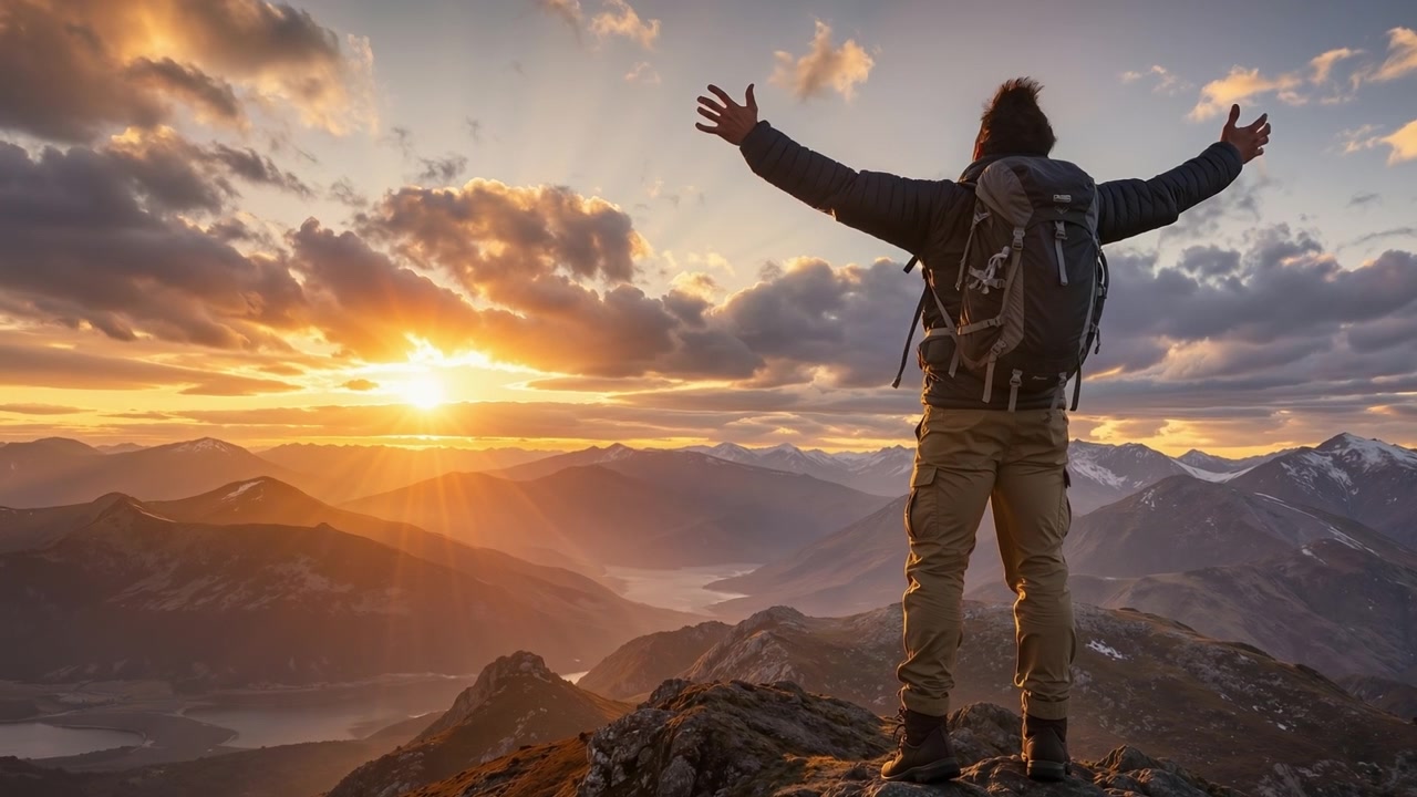 Escursionista con uno zaino in piedi su una cima di montagna mentre guarda il sole tramontare sulle cime.