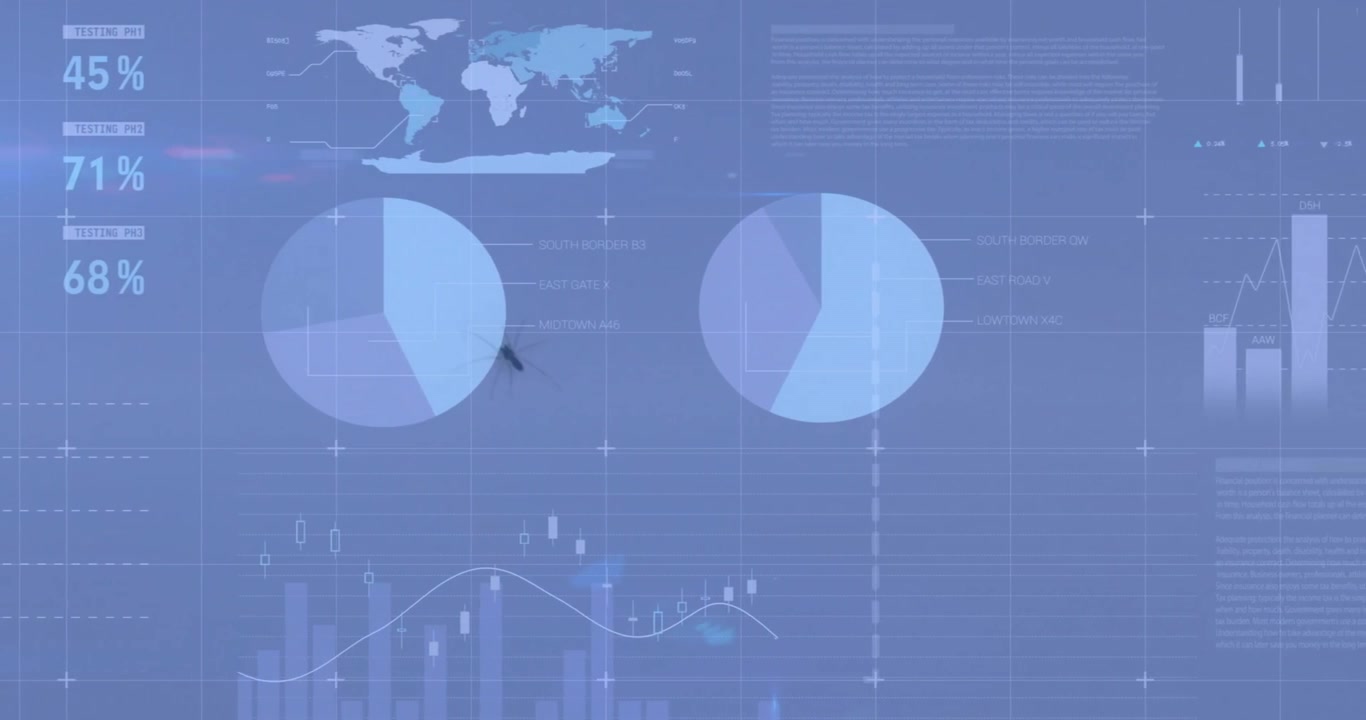 Animation of financial data processing over modern office