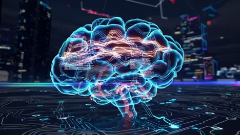 futuristic video concept with a digital brain and circuit board pattern