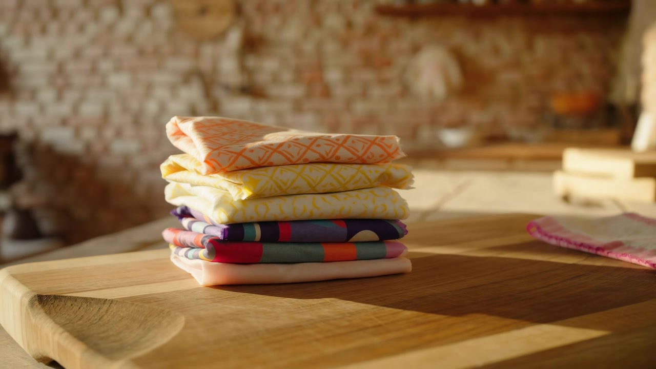 Neatly folded stack of colorful patterned fabrics rests on light wooden table in sunlit craft studio while shifting light creates warm highlights, soft shadows, layered texture, cozy handmade