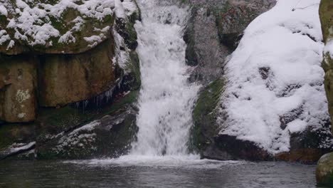 waterfall in winter landscape, slow pan up with stabilize drone