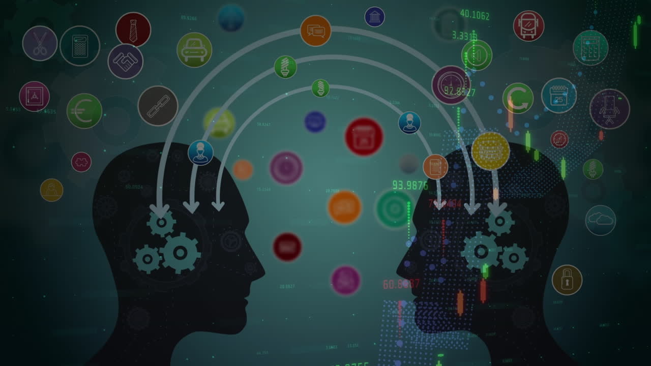 어두운 녹색 배경에 다양한 데이터, 기어 및 그래프의 애니메이션