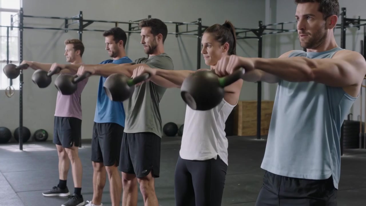 Comenzando con empuje de cadera, cinco adultos con ropa deportiva realizando balanceos con pesas rusas durante una clase en el gimnasio.